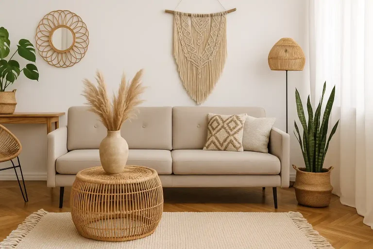 A stylish living room blending Bohemian and modern decor, featuring a beige sofa, rattan furniture, macrame wall hanging, indoor plants, and natural light.