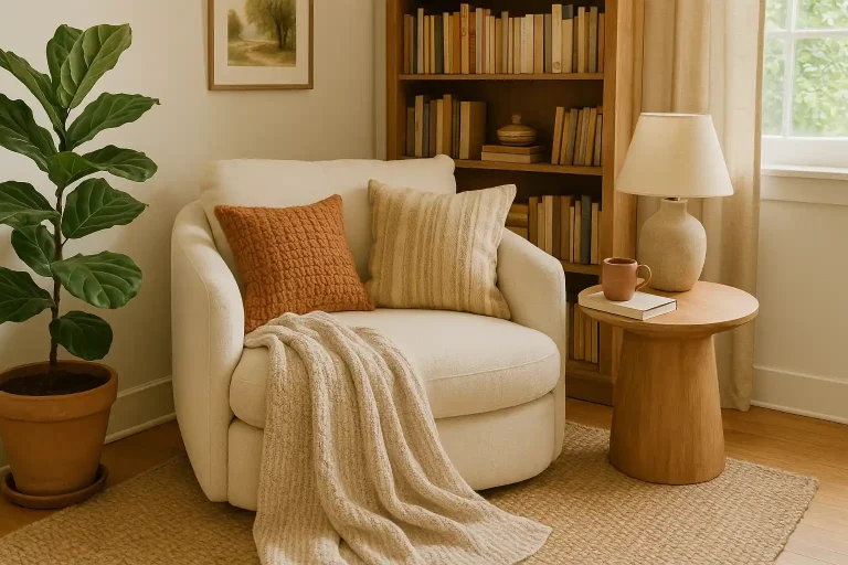 A serene reading corner featuring a plush cream armchair with textured pillows and a knit blanket, set beside a wooden side table, a ceramic lamp, and a leafy potted plant, all bathed in soft natural light.