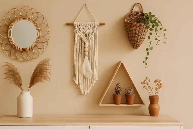 A cozy wall display featuring a rattan mirror, macrame wall hanging, wicker basket with greenery, triangle wooden shelf with potted plants, and dried flowers on a light wood console.