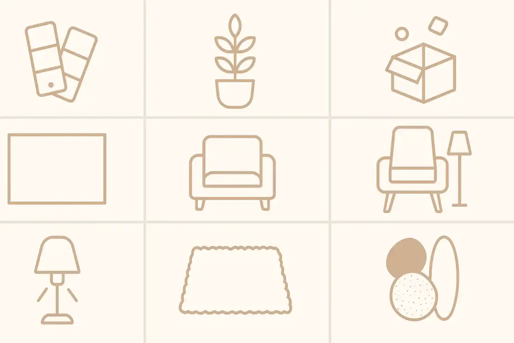 A minimalist infographic with icons representing seven decor tricks: neutral colors, potted plant, decluttering box, empty frame for negative space, simple furniture, cozy lighting, textured rug, and mixed materials, all in soft beige line art.