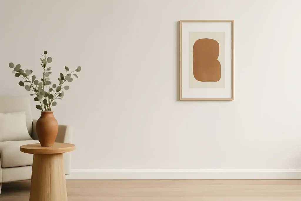 A minimalist room featuring an off-white wall with a single abstract artwork, a modern beige armchair, and a light wooden side table with a terracotta vase and eucalyptus branches, showcasing the use of negative space.