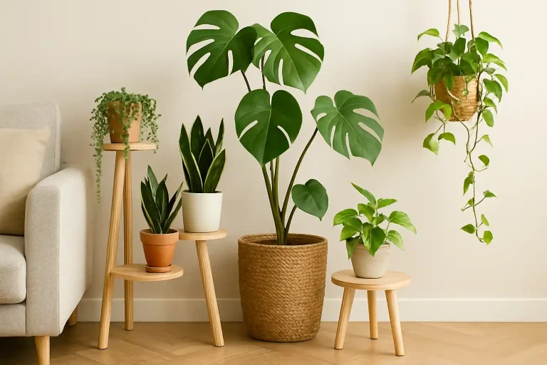 A cozy indoor corner featuring a variety of potted houseplants including Monstera, snake plant, pothos, and jade, arranged on wooden stands and hanging baskets, styled for a small space with natural textures and neutral tones.
