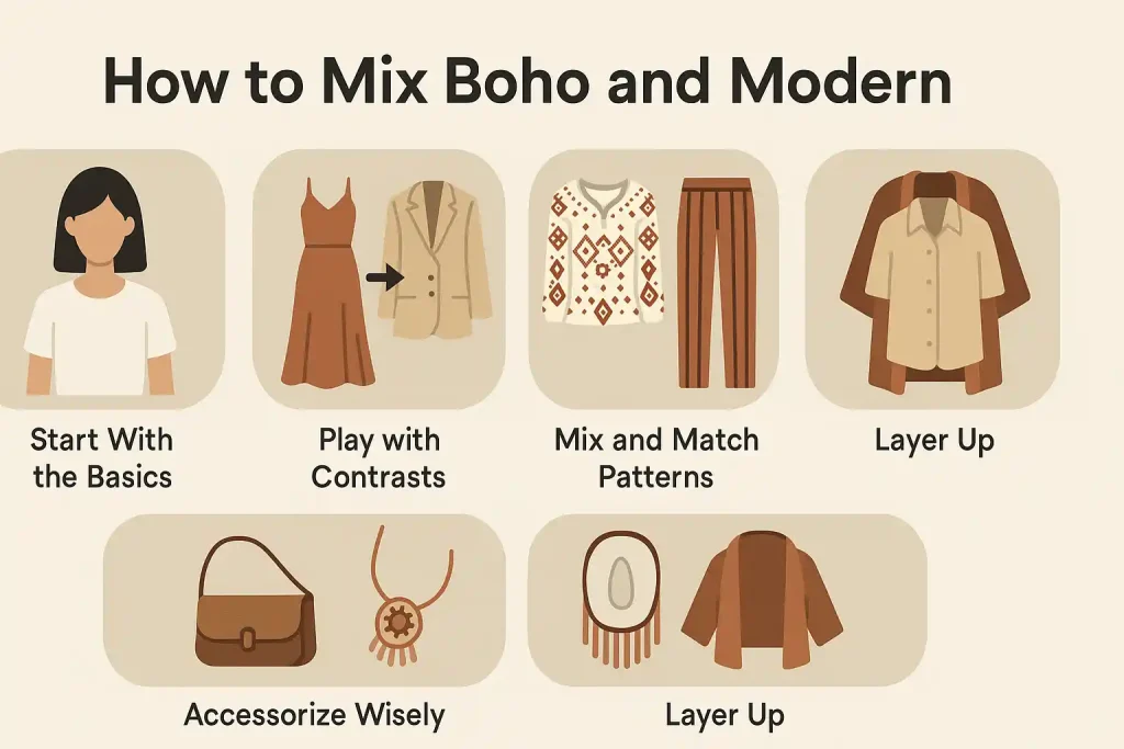 A minimalist infographic visually presenting five fashion tips for blending Boho and modern styles, featuring icons of basic clothing, contrasting outfits, mixed patterns, accessories, and layered pieces in warm earthy tones.
