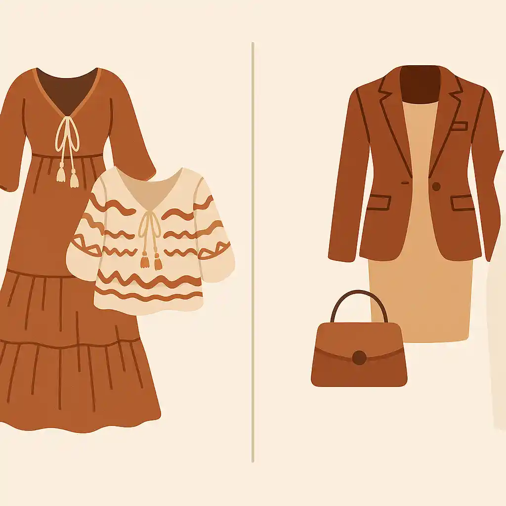 A side-by-side digital illustration comparing boho and modern fashion: the left side features flowy, patterned garments with tassels and earthy tones, while the right side displays structured, minimalistic outfits with a sleek blazer, dress, and handbag.