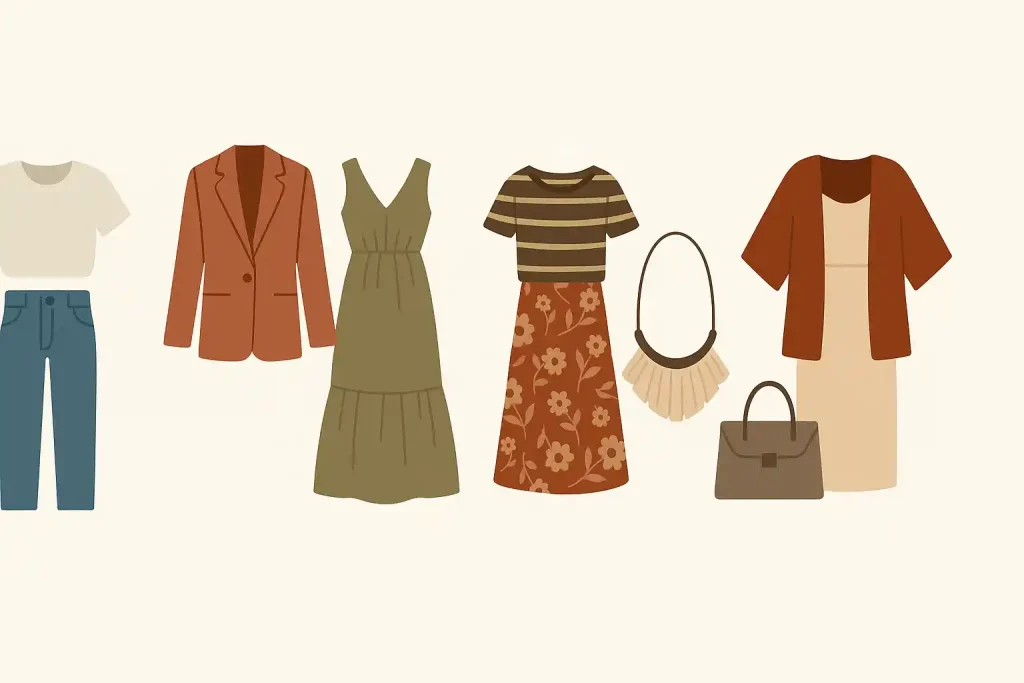 A flat-style illustration showcasing fashion combinations for mixing boho and modern elements, including a white tee with jeans, flowy dresses, blazers, patterned skirts, statement accessories, and layered outfits in neutral and earthy tones.
