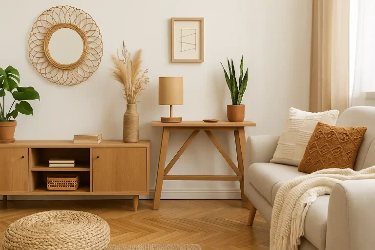 A warm and cozy living room featuring natural DIY decor, rattan and wood furniture, neutral tones, green plants, and soft sunlight creating an inviting atmosphere.